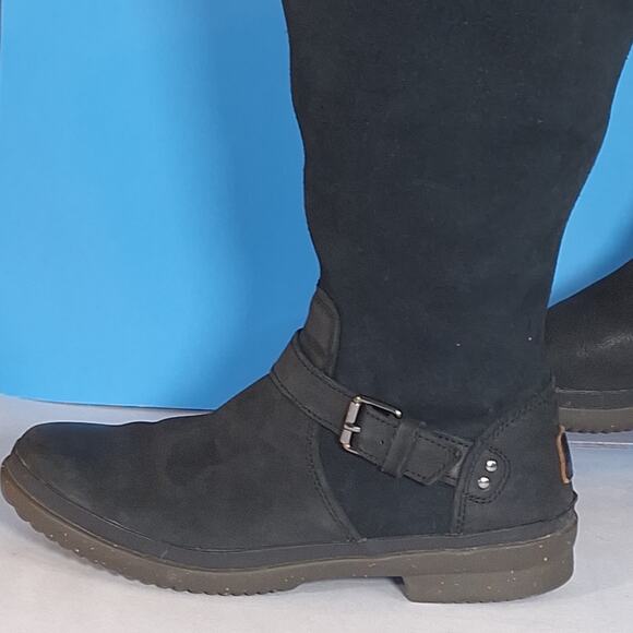 UGG Womens Thomsen sz 7/8 Black Tall Boots Moto Waterproof Suede Leather - Picture 4 of 14